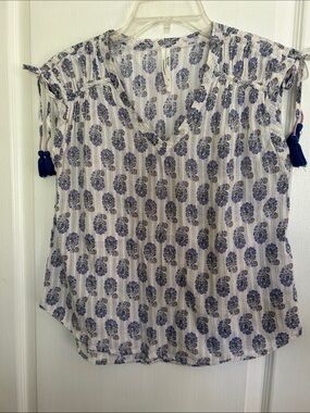 Anthropologie White & Blue Floral Tassel-Sleeve Blouse, Size XS